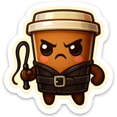 Tall coffee cup, dressed in leather holding a whipping crop, eyebrow furrowed sticker