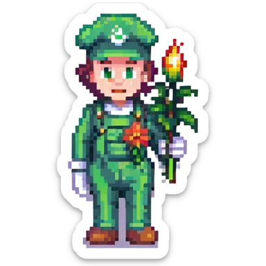 Luigi holding a fire flower, pixel art style, classic outfit, playful sticker