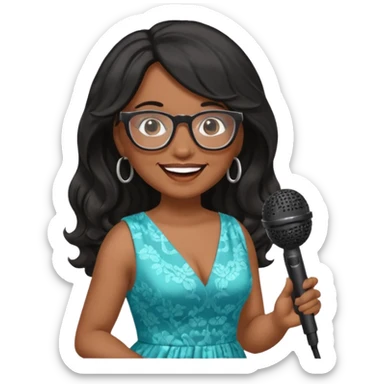 singer, Middle age, long wavy black hair, brown skin, wearing dress, holding mic, glasses sticker
