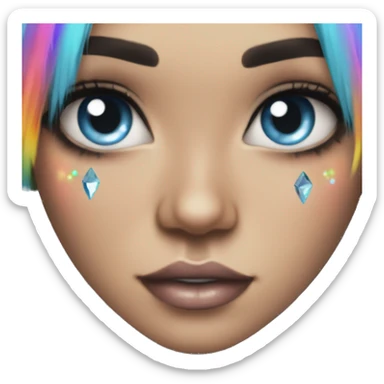 Pretty Girl with tattoos, long eyelashes, winged eyeliner, crystal blue eyes, long black hair with rainbow fringe sticker