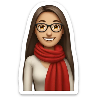 brunette young lady with long straight hair wearing a red scarf and glasses, laughing sticker