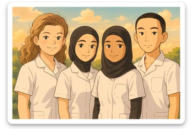 Illustrate four nursing students standing side by side in a warm atmosphere, wearing complete white short-sleeved uniforms with exposed arms, no stethoscopes, and not touching each other, in Ghibli style. sticker