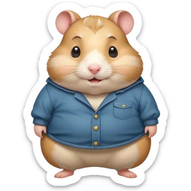 Cute chubby cartoon-style hamster wearing oversized pants that look too big, proud and smiling expression. Painterly shading, white background, sticker-style illustration sticker
