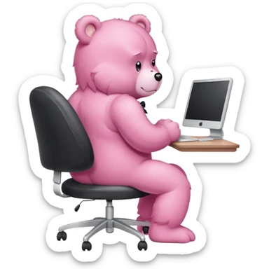 Pink Care bear sad in suit back view, sit on a chair, working on a computer, with a big desk sticker