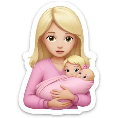 Blonde girl holding a new born baby while the baby is wrapped in pink. sticker