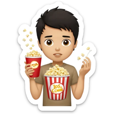generate a pretty tan bratz boy with a brown tshirt on. eating popcorn. messy black hair sticker