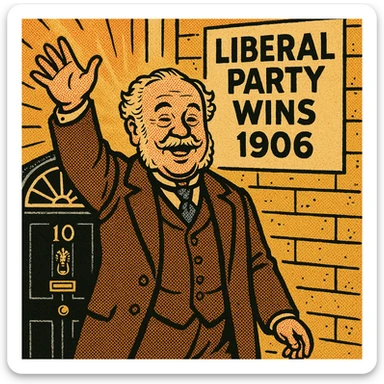 A happy Victorian politician who looks like Prime Minister Henry Campbell-Bannerman from the early 1900s standing in front of the black door or 10 Downing Street.  There is a sign on the wall saying 'Liberal Party Wins 1906'. sticker