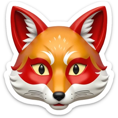 a japanese kitsune fox mask, smooth matte plastic surface, soft gradient lighting, white base with red and gold face markings, small triangular fox ears, calm and mysterious expression sticker