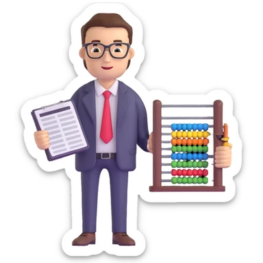 male accountant with tax forms, abacus and spreadsheet sticker