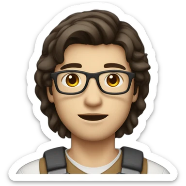 male engineer with white skin, dark brown straight hair spreaded from middle, brown eyes, circular glasses sticker