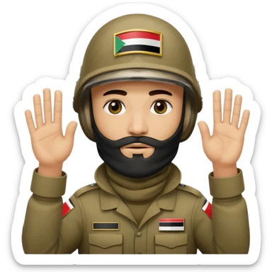 surrenders, depicts an Iraqi soldier from 1980, with a beard, in a helmet, a helmet with sign flag Iraq, with a balaclava, with sad eyes and both hands raised up sticker