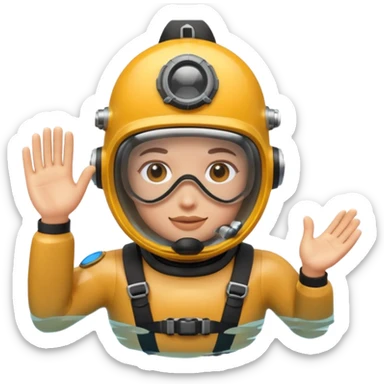 3D cartoon-style human character in the Apple emoji style, wearing a diving helmet with glass visor sticker