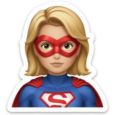 Mujer súper heroína tipo la de WhatsApp. Pelo marrón claro y mechas rubias por los hombros. Con antifaz y traje de héroe, que se vea solo hasta los hombros y logo MJ en el traje. Como la de WhatsApp  sticker
