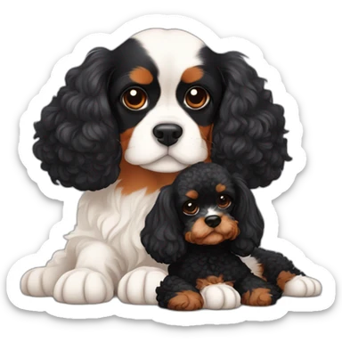 orange and white cavalier king charles spaniel and black poodle cuddle each other  sticker