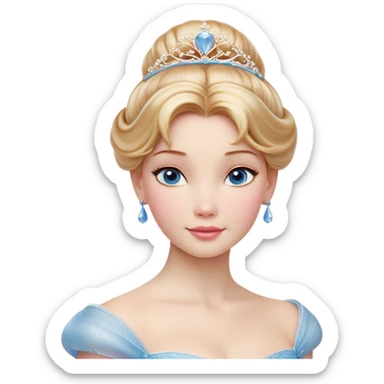 Cinematic Realistic Cinderella Portrait, depicted with lifelike skin texture, subtle rosy undertones, and soft natural lighting that enhances the gentle contours of her face. Her intricately detailed golden blonde hair is elegantly styled in an updo, with delicate wisps framing her face for added realism. Her deep, expressive blue eyes radiate warmth and sincerity, reflecting a quiet resilience and grace. She is dressed in her iconic ball gown, the fabric shimmering with intricate embroidery and fine translucent layers that catch the light beautifully. The soft sheen of satin gloves and the delicate sparkle of a glass-like slipper peeking from beneath her dress add a touch of magical realism. The portrait features an enchanting glow with a natural, luminous finish, seamlessly blending realism and fairytale charm to evoke a sense of depth, elegance, and timeless beauty. sticker