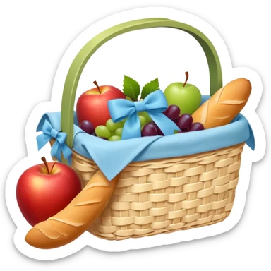 A pure white Picnic basket with pastel blue bow，contained baguettes and fruit, sticker