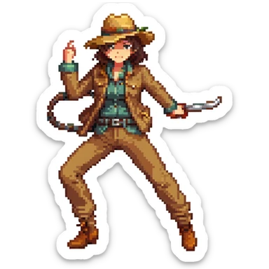 Lemeza Kosugi from La-Mulana, pixel art style, action pose, tan jacket, brown hat, whip raised, pixelated retro adventure hero sticker