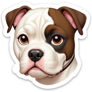 Cinematic Cute Black and White American Bulldog Portrait Emoji, Head tilted playfully and inquisitively, smooth fur with a bold black and white pattern, round, sparkling brown eyes filled with curiosity, Simplified yet irresistibly adorable features, highly detailed, glowing with a warm, friendly glow, high shine, affectionate and lively, stylized with a touch of whimsy, bright and endearing, soft glowing outline, capturing the essence of a mischievous yet loving pup, so playful it feels like it could bound out of the screen and into your arms! sticker