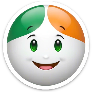 "A 2D-rendered, glossy, spherical emoji with a cheerful smiling face. The sphere is painted with the colors of the Indian flag—saffron on top, white in the middle, and green at the bottom. The emoji has large, shiny green eyes with black pupils, reflecting light for a cute and friendly expression. The background is plain white, making the vibrant colors and glossy texture of the sphere stand out. The overall style is smooth and cartoon-like, with a polished and modern look." sticker