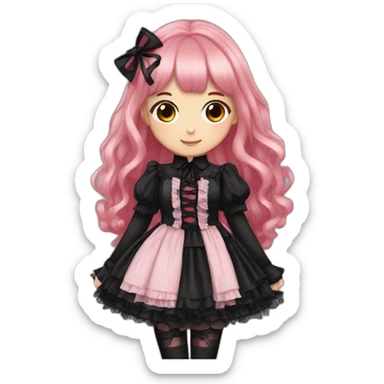 Gothic lolita pink and black, long hair, red hair and black hair, full body, Brown skins color sticker