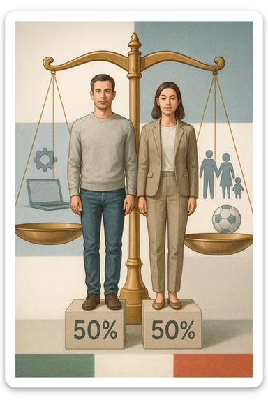 Uomo e donna in piedi l’uno accanto all’altra, al centro di una bilancia perfettamente in equilibrio. Entrambi vestiti in modo simile (moderno e neutro), con espressioni serene e rispettose. Sotto i loro piedi, due blocchi con scritto '50%' ciascuno. Sullo sfondo, elementi divisi simmetricamente: lavoro, famiglia, tempo libero, rappresentati equamente da entrambi. Atmosfera armoniosa, illuminazione equilibrata, colori neutri e simbolici (bianco, grigio, blu e oro). Stile realistico con accento simbolico sul concetto di equità in italiano sticker