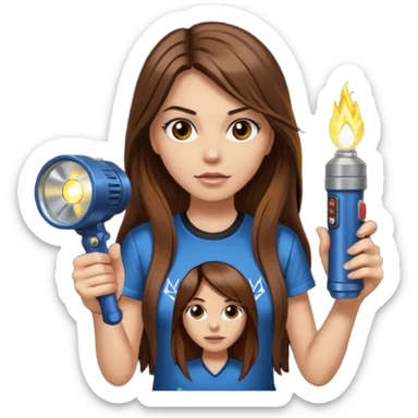 a female with long straight brown hair and brown eyes wearing a iron maiden shirt holding a flashlight  sticker