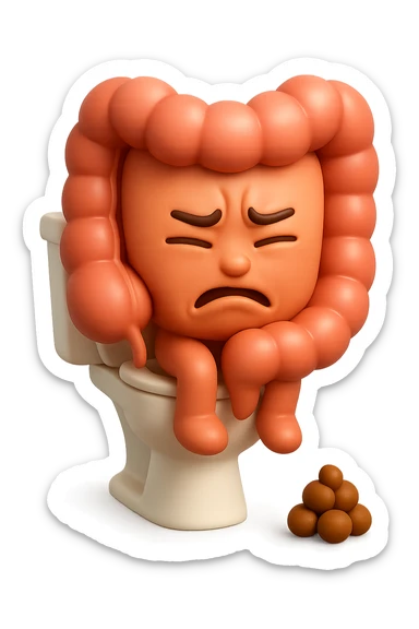 EMOJI STILE IPHONE 3D DI UN INTESTINO CHE sta seduto sul wc e davanti ha una montagnetta di feci a palline stile emoji iphone, fallo senza naso e FAGLI UN ESPRESSIONE di dolore mentre si sforza E FALLO MOLTO REALISTICO IN 3D sticker