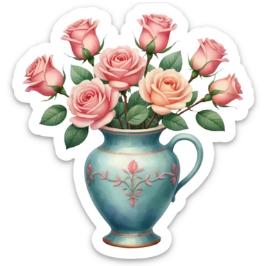watercolor illustration of roses in a vintage vase, with light brush strokes sticker