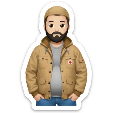 Bearded man with pregnant belly poking out of shirt wearing a tan canvas carhartt jacket next to chinese flag sticker