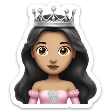 princess with black long hair, pink gown, silver crown, white skin sticker