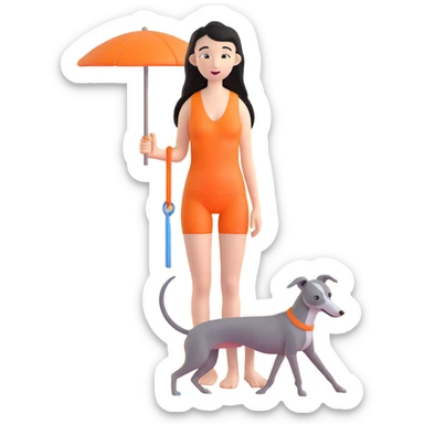 Slim Chinese woman with long black hair in appropriate beach attire at the beach with her completely solid grey Italian greyhound, ocean and sand visible, the dog has absolutely no white markings anywhere sticker