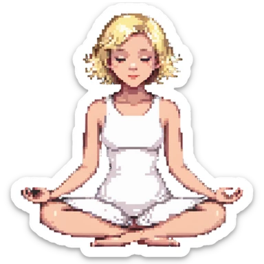 a blonde girl with a short haircut in a white dress sitting in a lotus position and meditating sticker