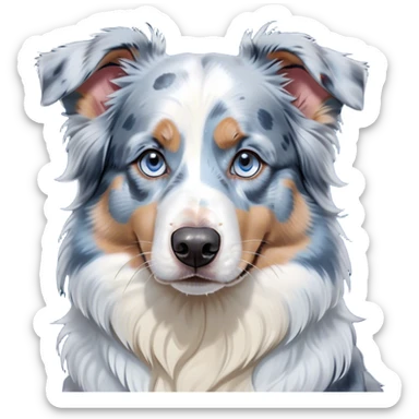 Cinematic Grumpy Blue Merle and White Australian Shepherd Portrait Emoji, Head tilted slightly with a deeply unimpressed expression, thick blue merle fur with crisp white markings, large, droopy blue eyes narrowed into an unamused glare, ears slightly drooping in exasperation, Simplified yet comically expressive features, highly detailed, glowing with a dry, sarcastic glow, high shine, effortlessly judgmental yet dignified, stylized with a touch of cynicism, bright but brooding, soft glowing outline, capturing the essence of an eternally unimpressed yet endearing pup, so lifelike it feels like it could sigh heavily at you in disdain at any moment! sticker