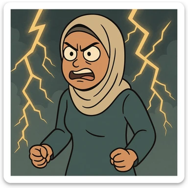 flat toon style hijabi woman, angry with lightning background sticker