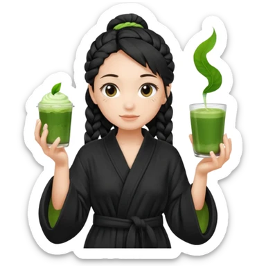 Fair skinned girl, black one braid hair wearing black bathrobe, holding a matcha sticker