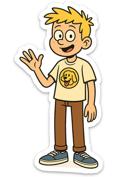 A boy yellow hair dog mascot logo t-shirts brown trousers blue vans shoe  sticker