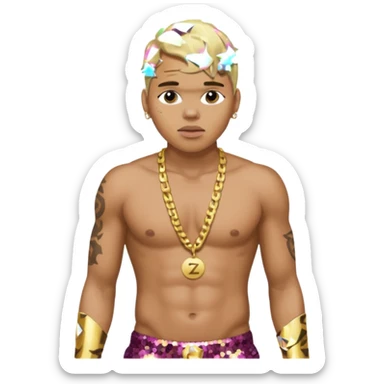Chris Brown with blonde hair, dark brown sequin baggy pants, shirtless with necklace sticker