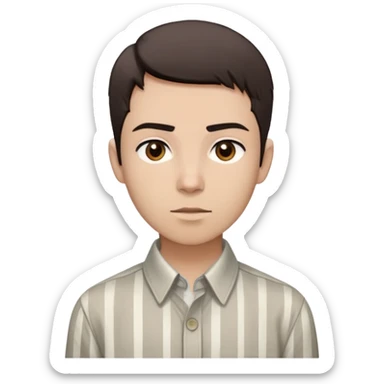 young individual with short, dark brown hair that is styled in a blunt cut on top and faded on the sides. They have light skin, dark eyebrows, and brown eyes. Their expression seems neutral, and they are looking slightly to their left. They are wearing a light-colored, long-sleeved button-down shirt with thin vertical stripes. The collar of the shirt is visible. sticker