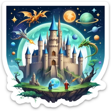 Icon for Fantasy and Sci-Fi Movies: A magical collage with flying dragons and futuristic spaceships. Stars and planets shimmer in the background with a mystical castle Hogvards and an ancient wizard holding a staff. The atmosphere is epic, otherworldly and adventurous. Transparent background. sticker