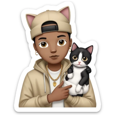 rapper with stylish clothes holding a cute black and white cat sticker