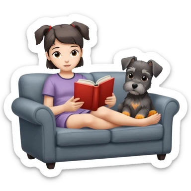 a girl lying on a couch reading a book, a Schnauzer puppy resting at her feet, cozy and relaxing, iPhone icon style, clean and simple, minimal background sticker