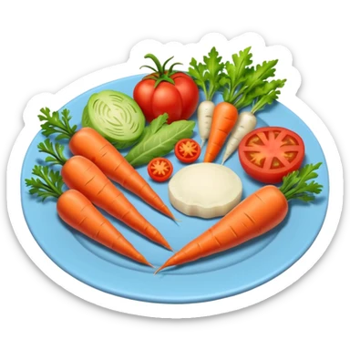 a plate of food with meat and vegetable and carot and tomato sticker