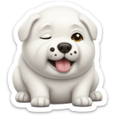 chubby white dog with a belly sticker