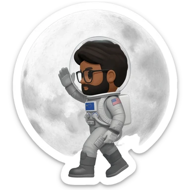astronaut salute moon on back with helmet walking space brown skin, black eyes, glasses and beard  black hair show body sticker