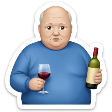 Morbidly obese older man dark hair balding with blue sweatshirt holding bottle of wine sticker