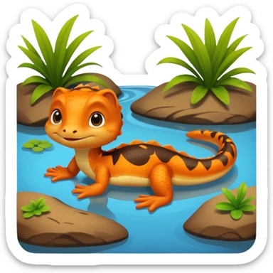 A 3D cartoon newt resting near a pond, orange and brown colors, visible tail, friendly expression, soft reflections and lighting, Memoji-style character. sticker