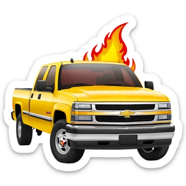 Bright yellow 1997 Chevrolet C-2500 Crew Cab Silverado from Kill Bill with red flame decals on the front hood, 30-degree view showing flames clearly, iOS emoji style sticker