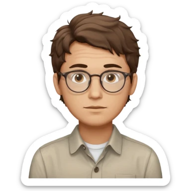 male Slim, slightly oval face, light skin.
Medium-length brown wavy hair, slightly messy.
Brown eyes, round eyeglasses.
Soft, calm expression.
No beard or very light stubble. sticker