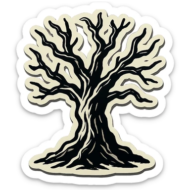 gloomy dry tree, contour style, sharp black lines, expressive shadows and highlights, no gradients, only sharp color transitions, retro stickers style sticker