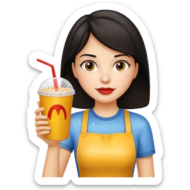 dark haired woman holding fastfood drink sticker